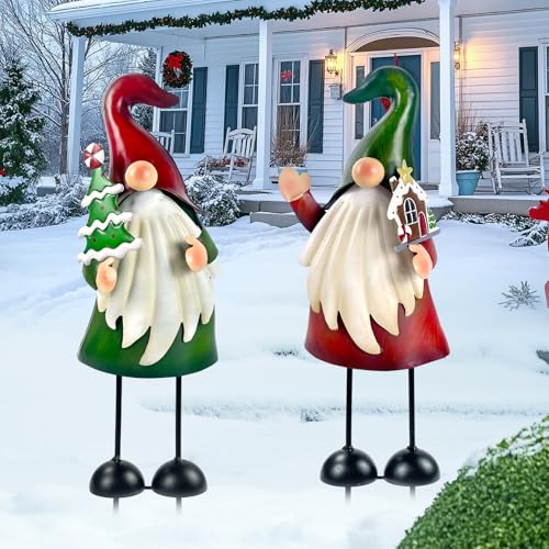HONGLAND Kerstdecoraties buiten metalen kabouter tuin kunst kerstkabouters standbeeld 45 cm kabouter beeldje voor vakantie kerst gazon patio tuin decor - 2 stuks