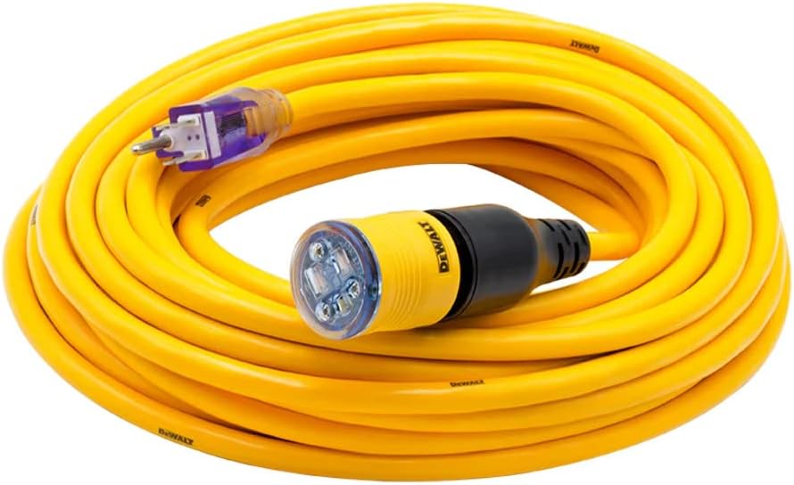 DEWALT 100 Foot Extension Cord Lighted Click-to-Lock 12/3 SJTW - Heavy Duty Outdoor, Weatherproof, Heat & Corrosion Resistant Industrial Strength Light Up Three Prong Outlet Plug Power Cord