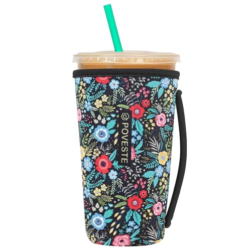 Image of Reusable Neoprene Insulator Sleeve for Iced Coffee & Cold Soda, Coffee Sleeves for Iced & Hot Drinks, Cold Beverage Cooler Compatible with Starbucks, Dunkin (Garden Alike, Large: 32oz)