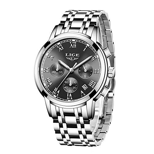 LIGE Reloj de Pulsera para Hombre, Resistente al Agua, de Acero Inoxidable, cronógrafo, Deportivo, analógico, de Cuarzo, Marca de Lujo, a la Moda, Plata y Negro., 8.07, Pulsera