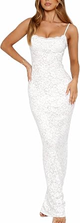 Womens Lace Maxi Dress Spaghetti Strap Slim Fit Sleeveless Gown with Lace Bust for Evening & Party
