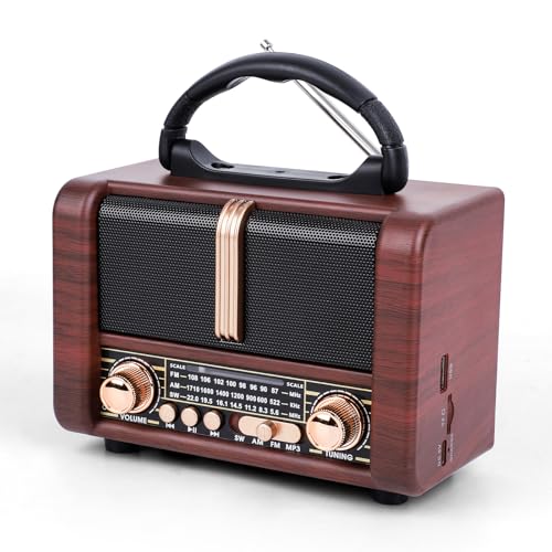 T.TAOMI Retro Portable Radio AM FM SW 3 Band,USB Charging, Shortwave Radio with Bluetooth Speaker,TF Card (Brown)