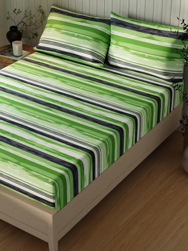 Image of KOPA Extra Smooth Cotton Double Bedsheet with 2 Pillow Covers -3pc Set (Lopez) | Extra Smooth Cotton | 1 Double Bedsheet with 2 King Size Pillow Covers Stripe-Lime /Green