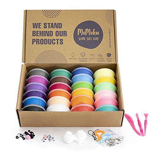 Momoku Slime Soft Clay. Super Light Non Toxic Premium Air Dry Magic Modeling Clay. 24 Colors, 54 Accessories, 3 Clay Tools All in Perfect Eco Friendly Package. Best Toy for Kids