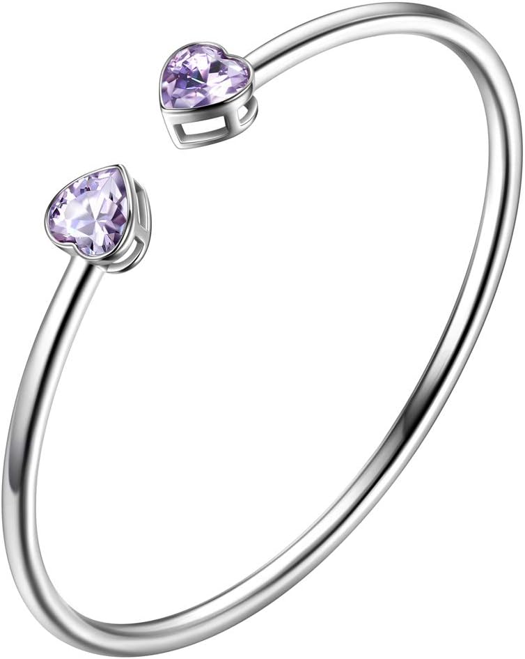 beautlace Birthstone Double Heart Adjustable Bracelets Silver Plated Birth Stone Open Bracelets Birthday Gifts Jewelry for and Women KB0018