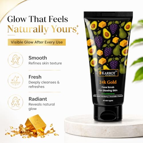 Image of KARROT Anti-Dullness 24K Gold Face Scrub for Glowing Skin | Instant Skin Brightening Deep Cleansing Exfoliator for Tan Removal, Blackheads & Dead Skin | Smooth Radiant Skin for Men & Women - 100g