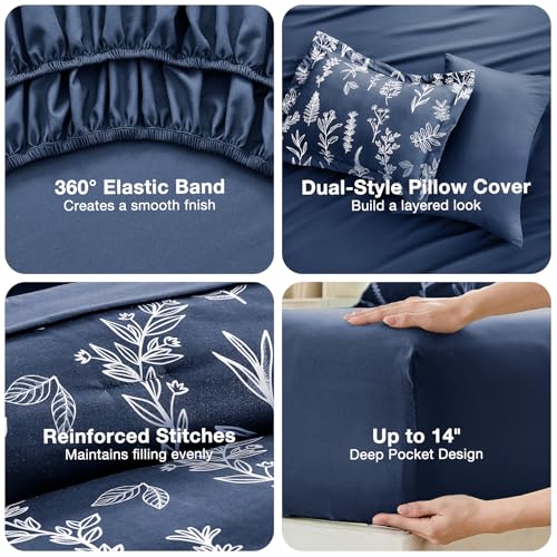 Image of MUXHOMO Navy Blue Full Comforter Set, Elegant Floral Print Bed in a Bag 7 Pieces, Ultra Soft & Breathable Reversible Botanical Pattern Bedding Set with Comforter, Sheets, Pillowcases, and Shams