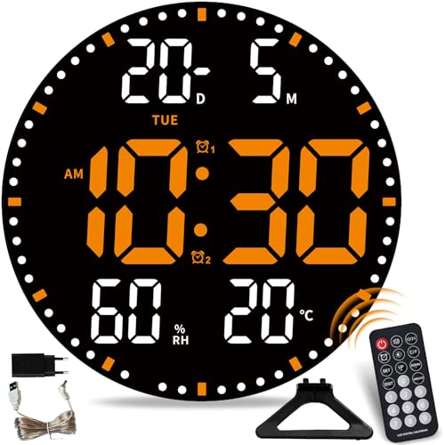 10inch Digital Wall Clock with LED Display, Digital Round Wall Calendar with Remote,Timer, Dimming,Temperature, Silent Modern Electric Wall Clocks for Bedroom, Living Room (Orange)