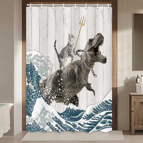 Image of Boziqr Funny Cat Shower Stall Curtain, Cool Cat Dinosaur Japanese Ocean Wave Decor Fabric RV Bathroom Curtains, Kids Children Rustic Wooden Farmhouse Shower Curtain, 47 X 64 Inches