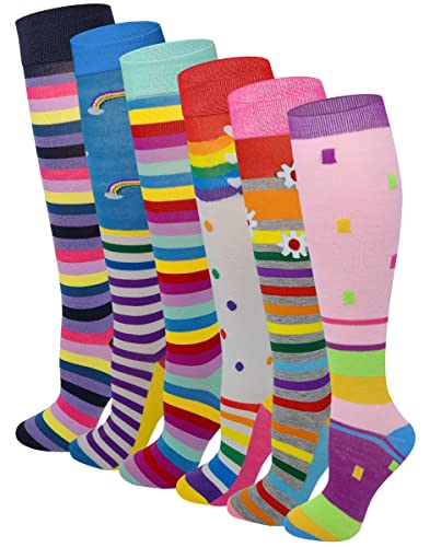 Ayla 6 Pairs Kids Big Girls Youth Baby Children's Novelty Design Knee High Socks (Large, Assorted Rainbow)