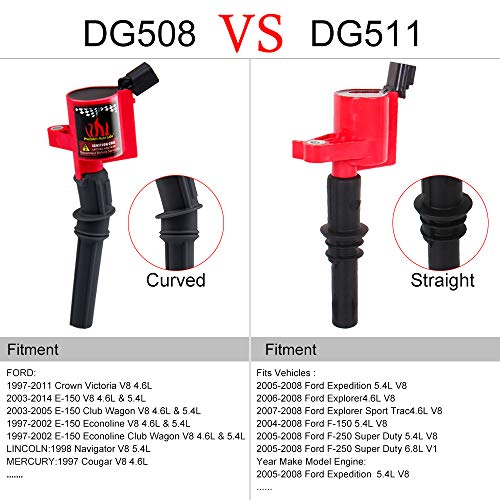 Dg508 Ignition Coil Pack High Engine 8 Pcs Ignition Coil Curved Boot For Ford E150 E250 E550 F150 F250 F550 4.6L 5.4L 6.8L V8 V10 Lincoln Mercury Compatible Part Dg508 Dg457 Dg472 Dg491 F523 #TOP3