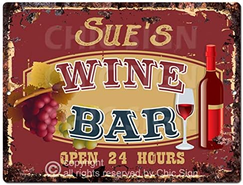 SUE'S WINE BAR - Posavasos con letrero personalizado, estilo rústico, vintage, retro, cocina, bar, pub, cafetería, tazas de cumpleaños, día de San