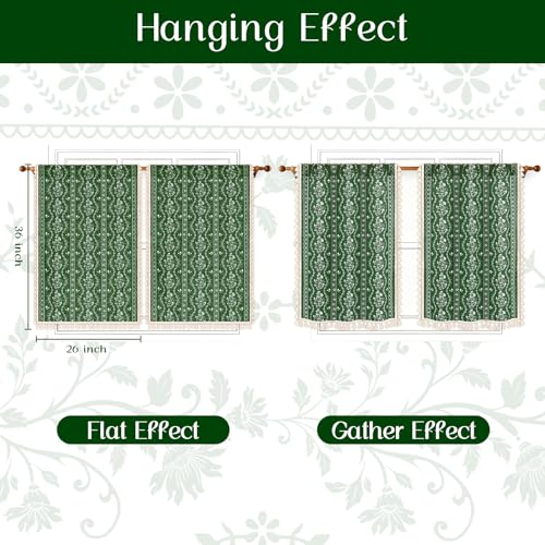 Image of Yinhua Boho Kitchen Curtains 36 Inch Length Vintage Linen Cafe Curtains Light Filtering Bohemian Floral Tier Rod Pocket Farmhouse Rustic Tassel Small Drapes with Tiebacks, 2 Panels, Olive Green