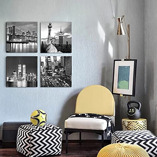 New York City Canvas Art Black And White Brooklyn Bridge Statue Of Liberty Empire State Building Contemporary Decorations For Living Room Office Bedroom Home Decor(12"X 12"X 4Pcs Framed) #TOP5