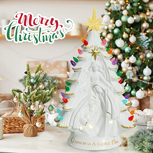 Chonsun Nativity Ceramic Christmas Tree 14 Inch Tabletop Christmas Tree Vintage Christmas Decoration Battery Operated Mini White Nativity Christmas Tree With Multicolored Lights,Star Included #TOP1