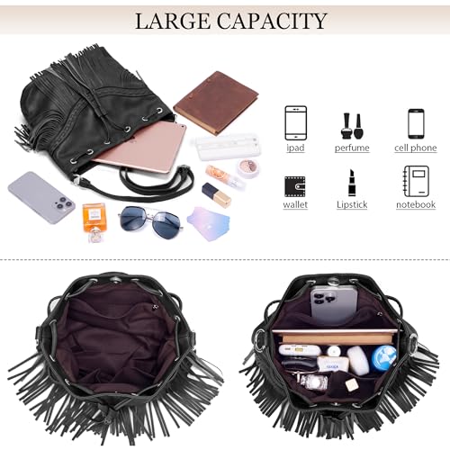 Image of Sunwel Fashion Women Bucket Fringe Hobo Bag Western Purse Vegan Leather Tassel Hippie Shoulder Crossbody Bag