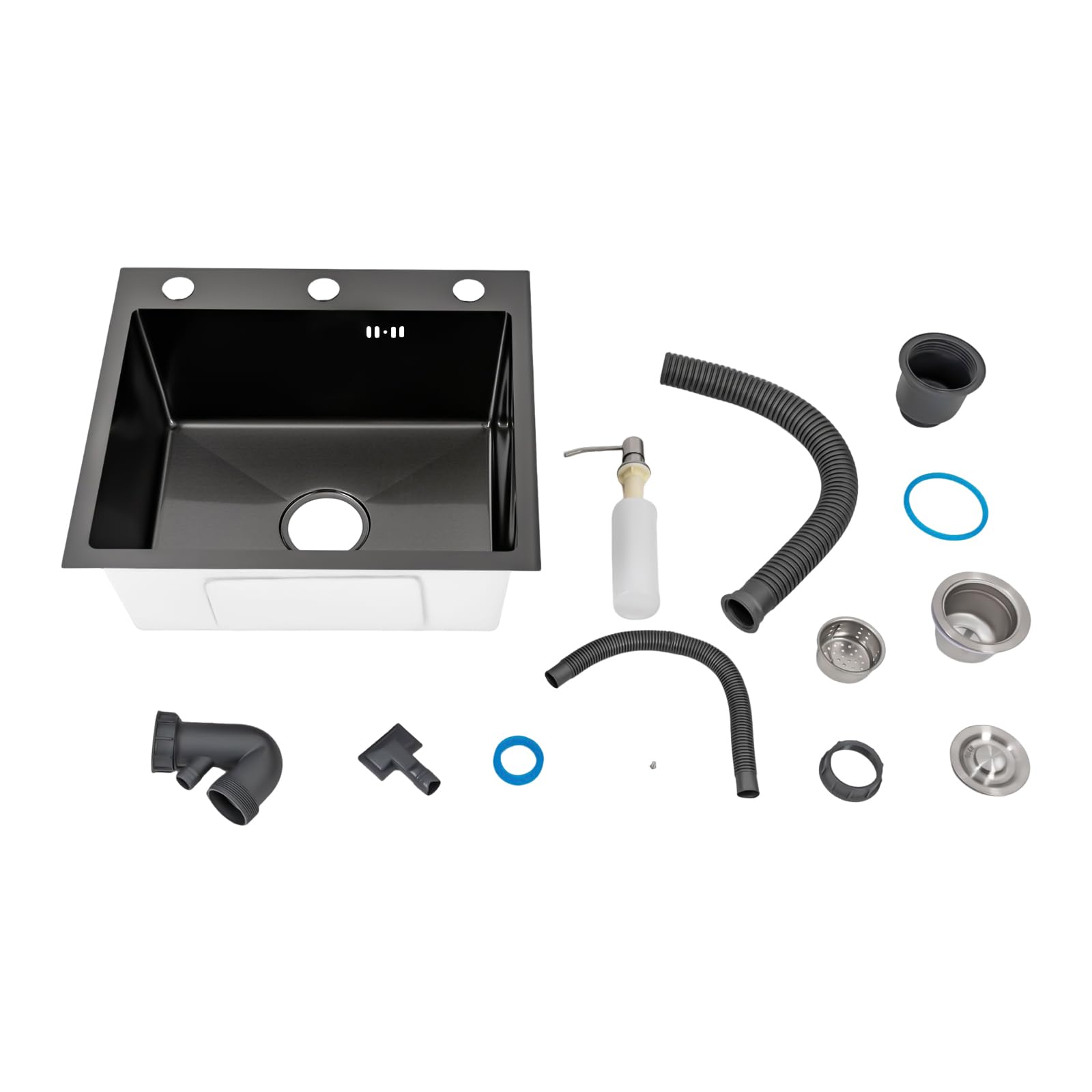 Fregadero negro de 50 x 40 cm, grifo de cocina, fregadero con escurridor y dispensador de jabón, acero inoxidable, empotrable, fregadero de cocina, 1 lavabo cuadrado (sin grifo)