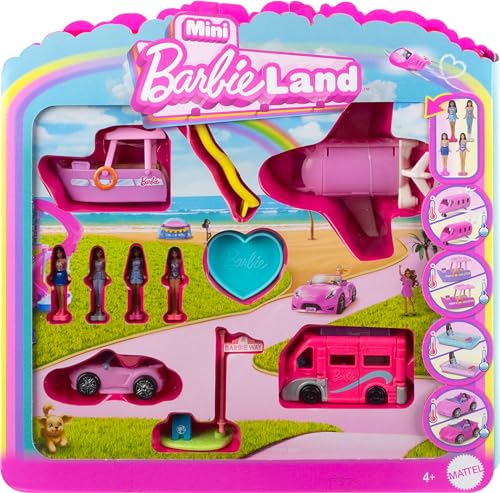 Barbie Mini Barbieland - Set Confezione Speciale Con 4 Mini Bambole Barbie E 4 Mini Veicoli Iconici, Sorprese Cambia Colore Incluse, Giocattolo Per Ba