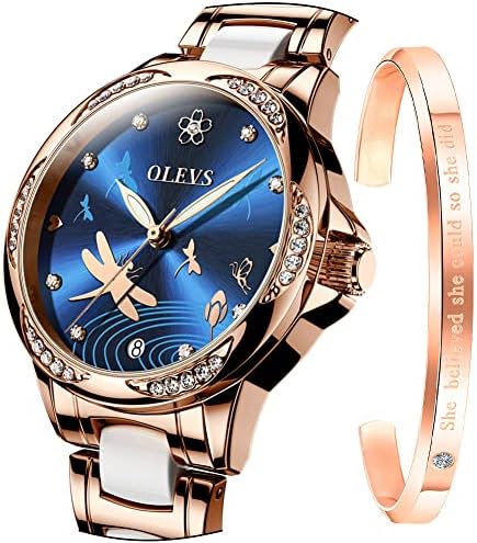 OLEVS Lady Watch Automatic Fashion Bracelet Set Ceramic Analogue Diamond Elegant Dress Stainless Steel Date Rose Gold Wrist Watch for Women