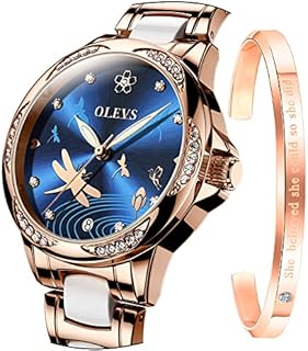 OLEVS Lady Watch Automatic Fashion Bracelet Set Ceramic Analogue Diamond Elegant Dress Stainless Steel Date Rose Gold Wrist Watch for Women