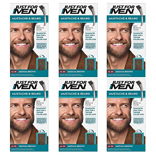 Just for Men - Lot de 6 colorations permanentes, teinture, gel colorant pour barbe et moustaches avec brosse, châtain moyen M-35 2X, 14 ml Cover