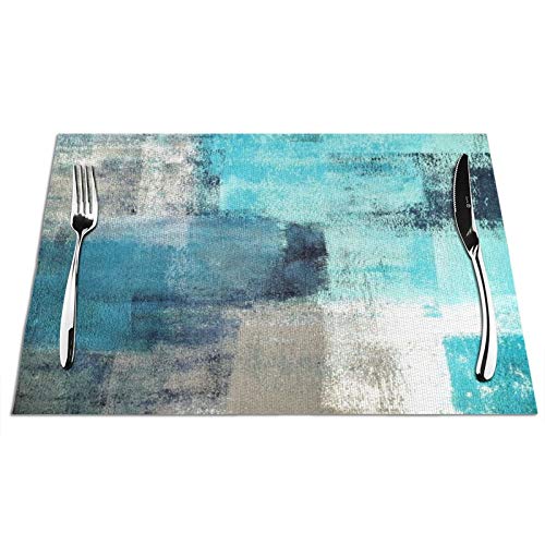 Kimisoy Modern Art Place Mats 1 PC Heat Insulation Placemats Non-Slip Table Cover Protector Stain Resistant Washable Turquoise Grey Abstract Art Table Mat for Dining Room Kitchen Table