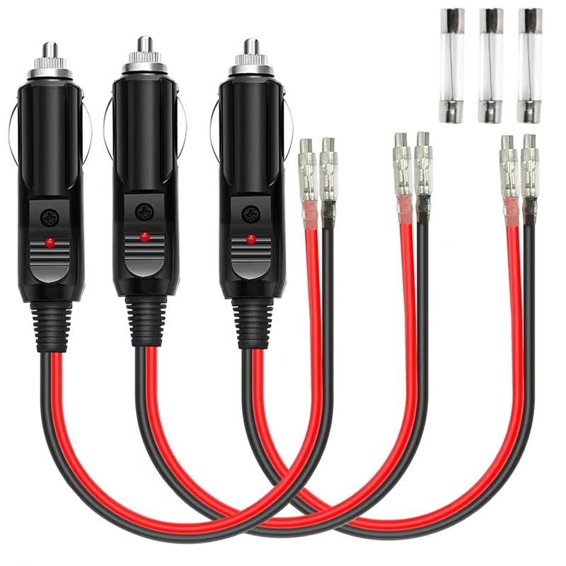 3 Pack 12V/24V cigarette lighter male plug adapter connectors 16AWG with LED light and 3PCS 15A fuse replacement Cigarette lighter socket wire