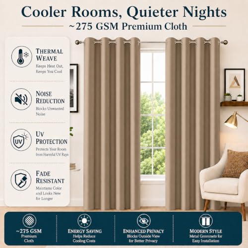 Image of Homestan Blackout Window Curtains 4 Feet Long Set of 2, Beige