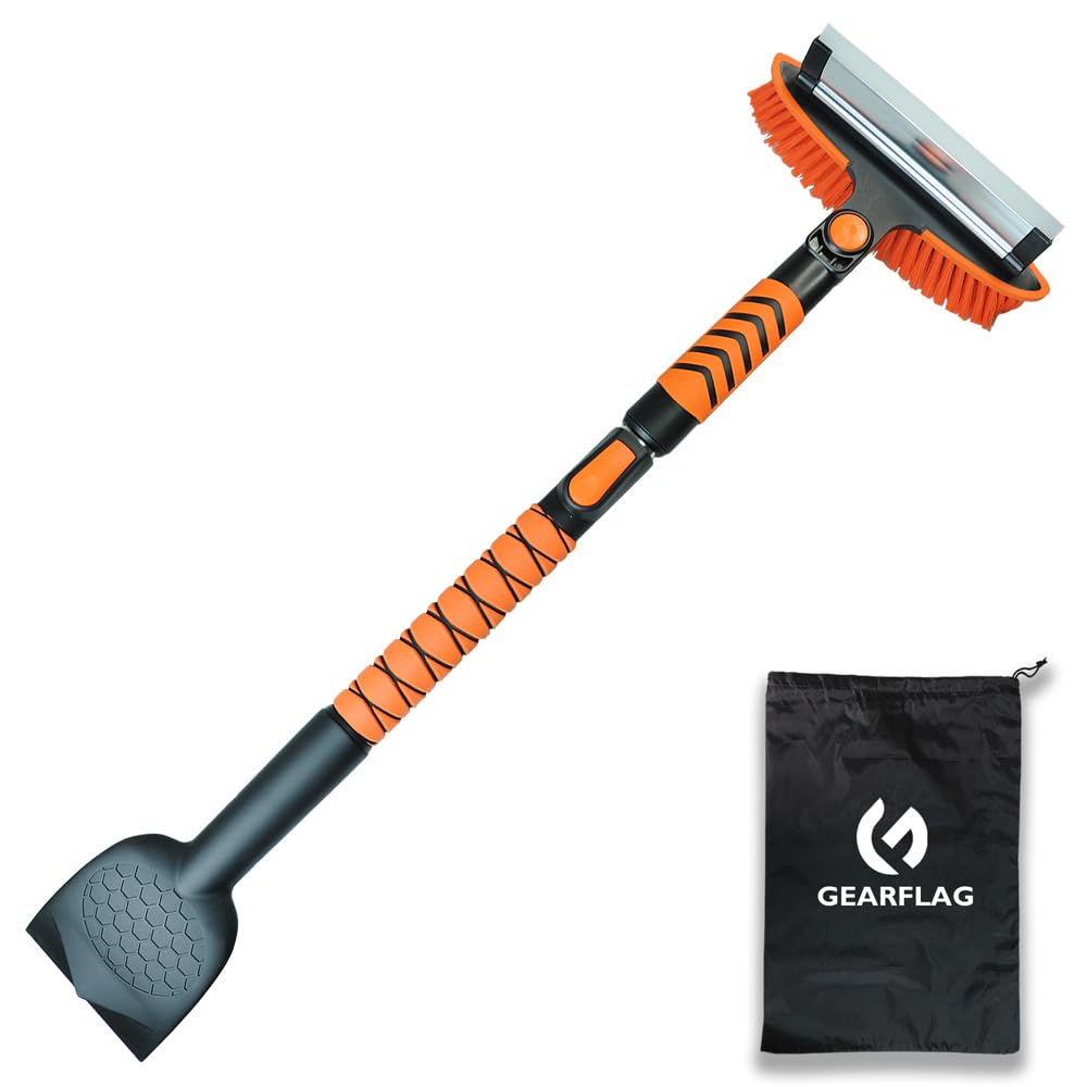 GEARFLAG 4-in-1 Car Snow Brush and Ice Scraper | 45 Inch Extendable Snow Shovel & Squeegee for Windshield | 180° Rotating Head, Comfortable EVA Grip, Portable Winter Tool for Trucks & SUVs
