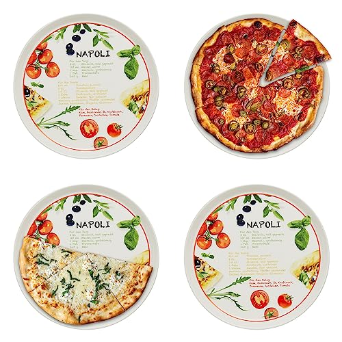 KHG 4er Set Pizzateller, extra groß mit 30cm Durchmesser in Napoli Print, perfekt für Gastro und Zuhause, hochwertiges Porzellan, Spühlmaschinengeeignet & perfekt Stapelbar