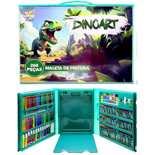 Super Estojo Colorir Dinossauro Lápis Giz Canetinhas 208pçs