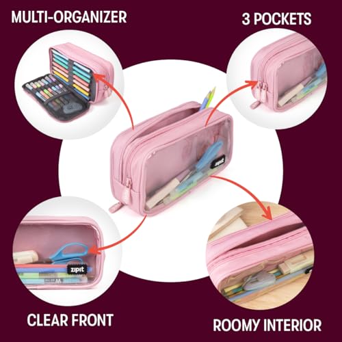 Image of ZIPIT Half & Half Pencil Case for Girls, Aesthetic 3 Compartment Zipper Pouch for School, Stationery Bag for Teen and Adults, Pink