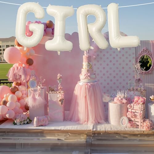 Image of 40 Inch Cream Girl Balloons, Large Beige Neutral Letters With Ribbon, Ivory White Sand for Her Birthday Baby Shower or Gender Reveal Party Decoration Supplies