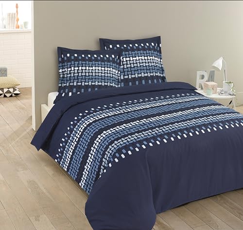 Vision - Parure de lit Jack - 100% Coton - Bleu - Set de Housse de Couette 260x240 cm avec 2 taies d'oreiller pour lit Kingsize 2 Personnes - Fibres Naturelles...