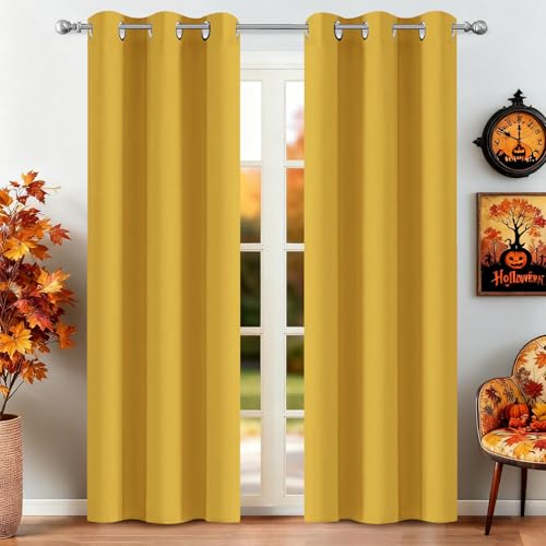 Yakamok Blackout Curtains Room Darkening Thermal Insulated Window Panels,Solid Grommet Top Drapes for Bedroom(38x84 Inch, Mustard Yellow, 2 Panels)