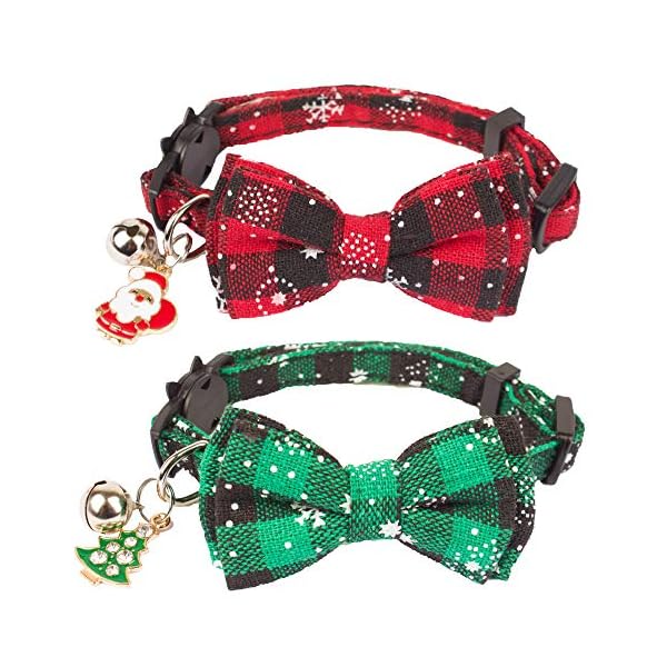 Adoggygo christmas cat collar breakaway with cute bow tie bell - 2 pack kitten collar red green plaid xmas kitten collar with removable bowtie cat bow collar for cats kittens (7. 8"- 10. 5", red&green)