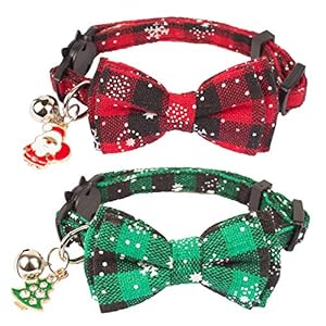 ADOGGYGO Christmas Cat Collar Breakaway with Cute Bow Tie Bell – 2 Pack Kitten Collar Red Green Plaid Xmas Kitten Collar with Removable Bowtie Cat Bow Collar for Cats Kittens (7.5″- 10.5″, Red&Green)