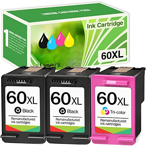 Limeink Remanufactured Ink Cartridge 60XL 60 XL Replacement for HP Envy 100 110 120 Photosmart c4680 c4780 c4795 d110 Deskjet d2680 f2430 f4280 f4440 f4480 f4580 Printer (2 Black, 1 Color)