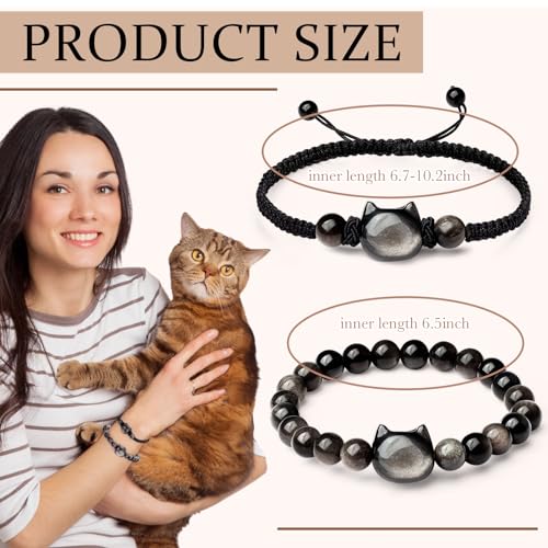 2 Pcs Cat Black Obsidian Bracelet Set Money Wealth Mood Beaded Bracelet Rope Bracelets for Men Women Stretch Bracelet Good Luck Feng Shui Bracelets Gifts Jewelry for Boyfriend Husband Father2