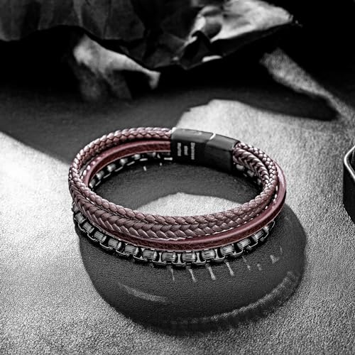 Image of murtoo Mens Bracelet leather and Steel, Stainless Steel Chain and Leather Bracelets for Men