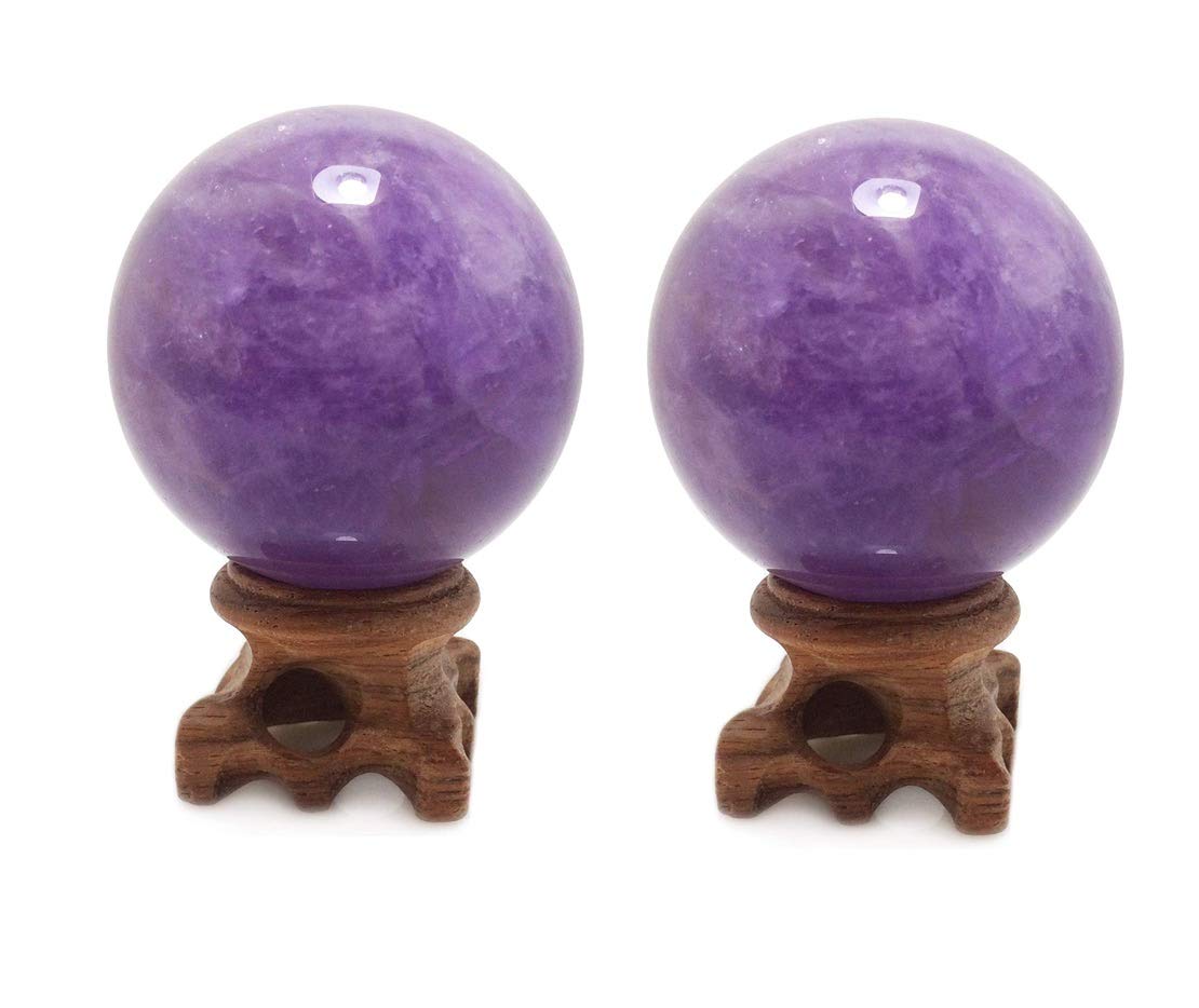 Set of 2 Amethyst Crystal Spheres with Stands 45mm/1.8”, Rare Purple Power Stone Ball for Crystal Healing, Meditation, Scrying, Feng Shui, Hand-Made (Set of 2 Amethyst Balls 45mm)