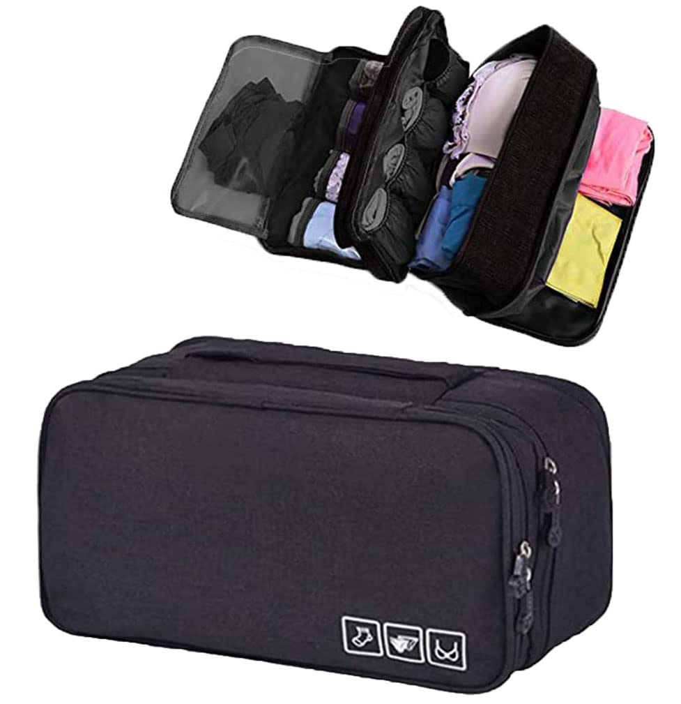 Seagull flight of fashion Polyester 3 Layer Lingerie Organizer Bag, Travel Pouch for Storage of Bra, Underwear, Innerwear, Cosmetics, Toiletry for Women - 28 x 15 x 13 cm - Black