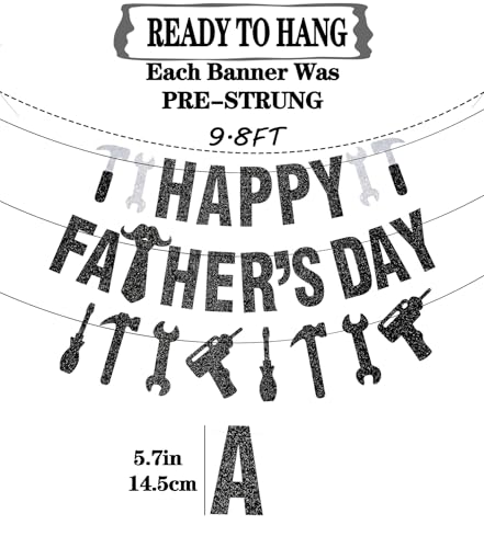 Image of Pre-Strung Happy Fathers Day Banner Party Decorations, NO DIY Glitter Fathers Day Banner with Household Tools Garland for Step Dad Grandpa Papa Home Indoor Mantel Wall Room Photo Props Backdrop Decor