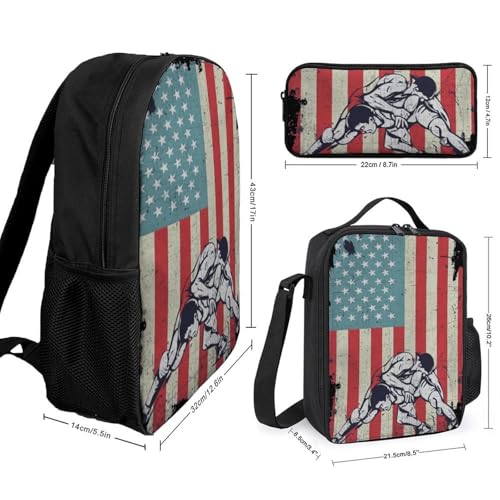 U.S.A. Flag Wrestling Classic Backpack Lunch Bag Pencil Case 3 Piece Set Travel Daypack2