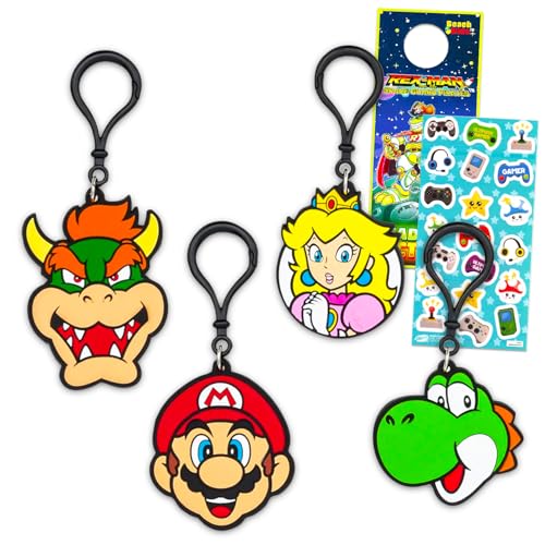 Super Mario Keychain Set - 4 Pc Keychain Bundle Featuring Princess Peach Bowser Yoshi for Kids Men Women Plus Stickers More | Super Mario Bros Party Favors Pack