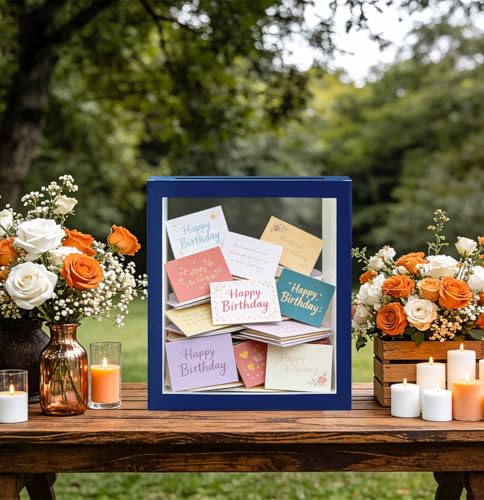 Image of SietDESEO Blue Card Box for Party with Clear Window Large Gift Card Box Holder for Wedding Reception Birthday Graduation Baby Shower Raffle Ticket Box