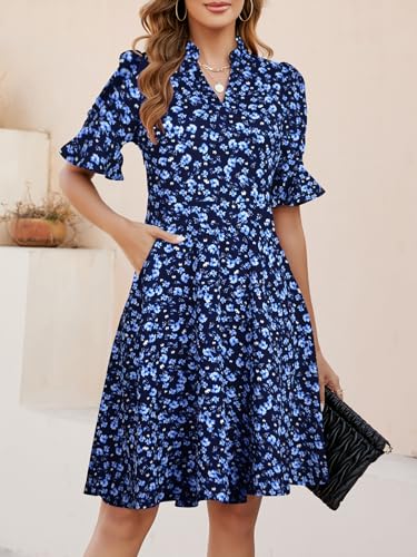Image of Mokayee Womens Summer V Neck Ruffle Short Sleeve Fit and Flare Knee Length Church Wedding Guest Dresses with Pockets