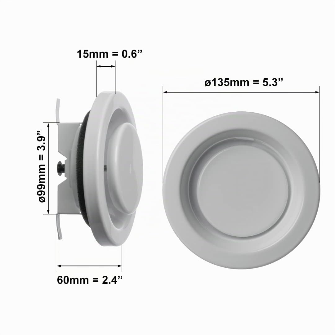 Ø 100mm Diffusore di Aspirazione - Valvola a Disco Regolabile - Griglia di Ventilazione Rotonda in Acciaio - Bianco