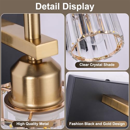 Image of Black and Gold Bathroom Vanity Lights, 2-Light Crystal Bathroom Light Fixtures Over Mirror, 14 Inch Modern Farmhouse Vanity Light, Brass Gold Wall Sconces for Bath Mirror Kitchen Hallway Cabinet