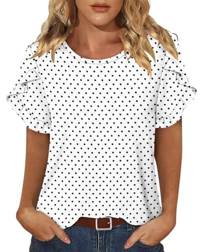 CRAZY GRID Women's Shirts Summer Casual Crewneck Ruffle Short Sleeve Blouses Cute Floral Print Tunic Tops